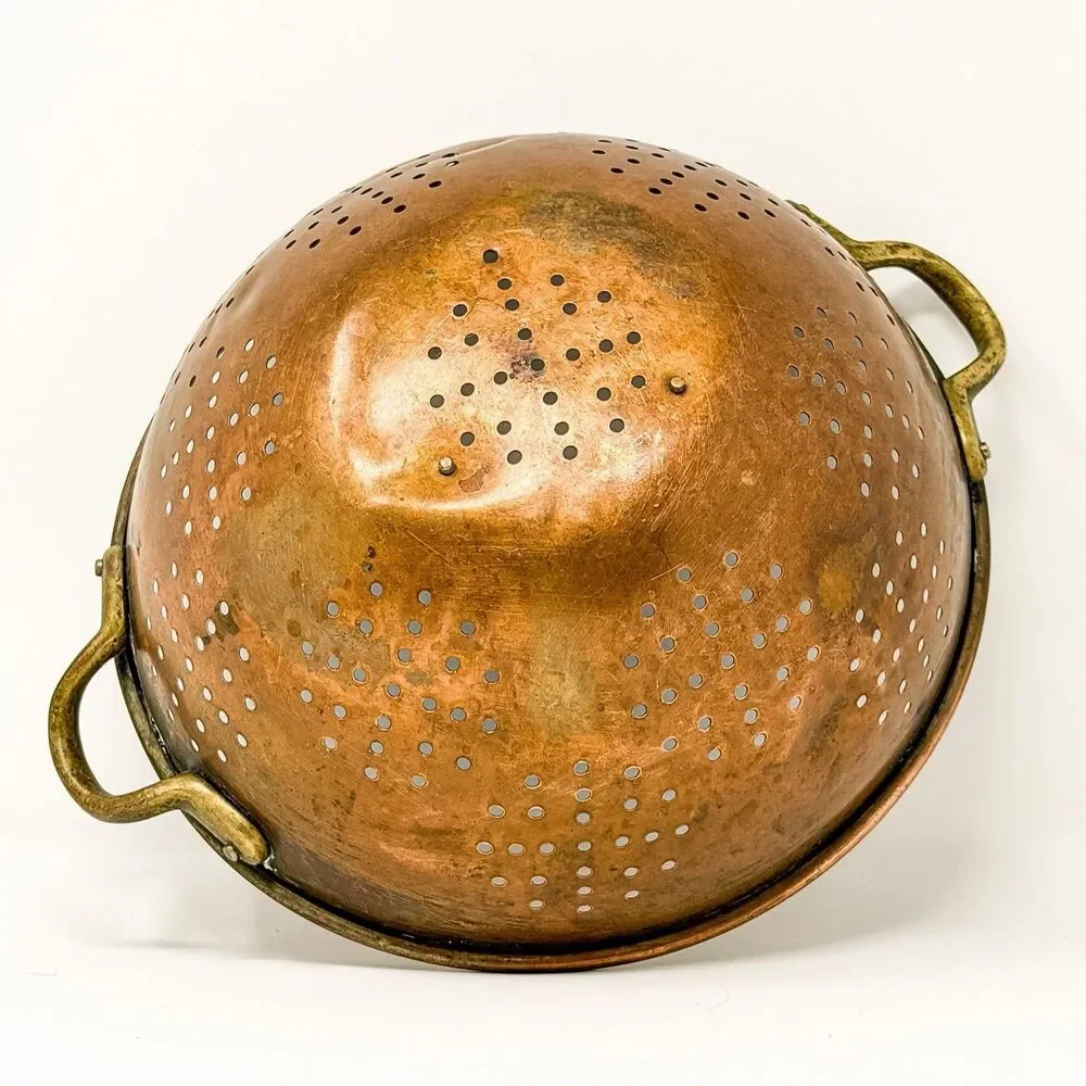 Vintage Copper Colander Brass Handles Farmhouse Kitchen Strainer Bowl Rustic